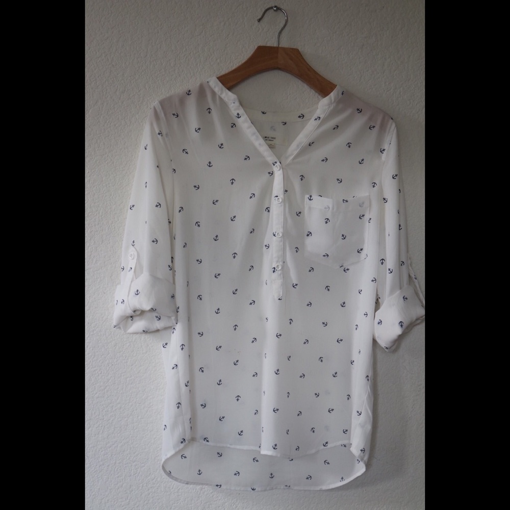 Anchor Patterned White Button Down Top